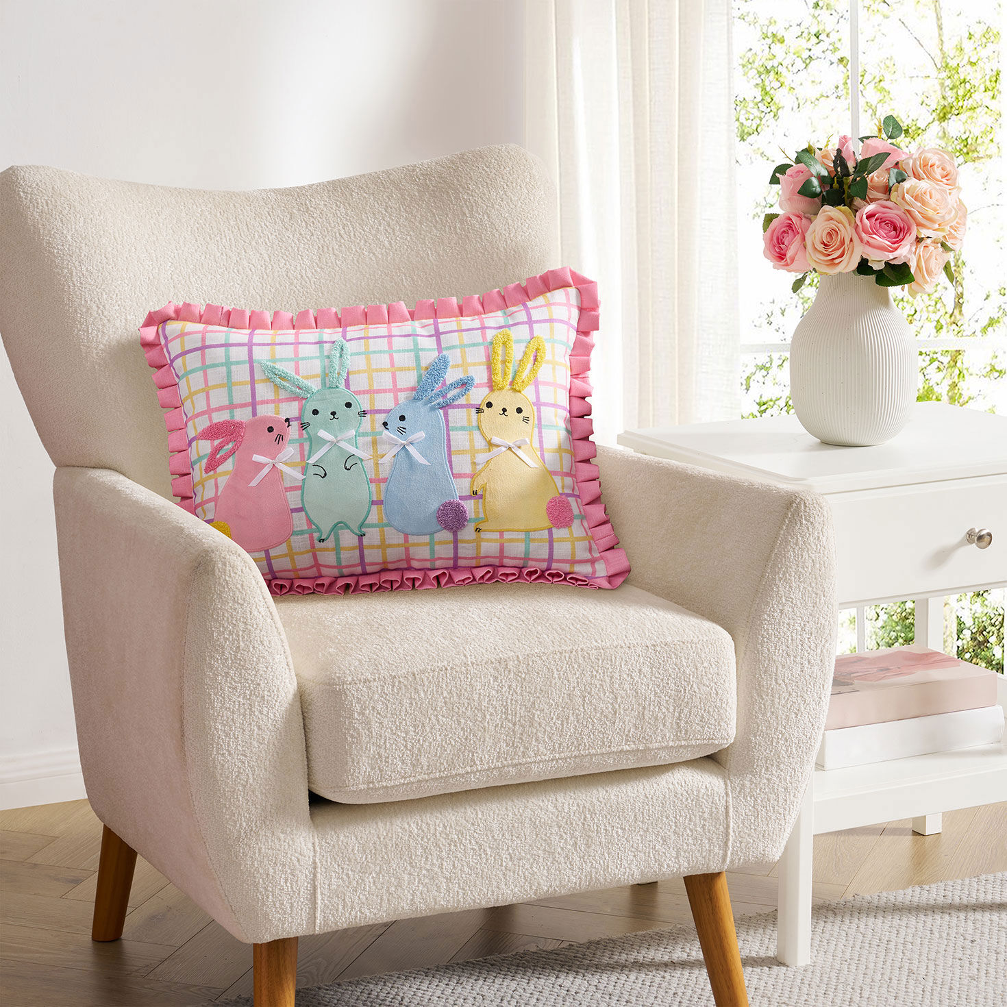 Pastel Bunnies Reversible Lumbar Pillow in use image number 2