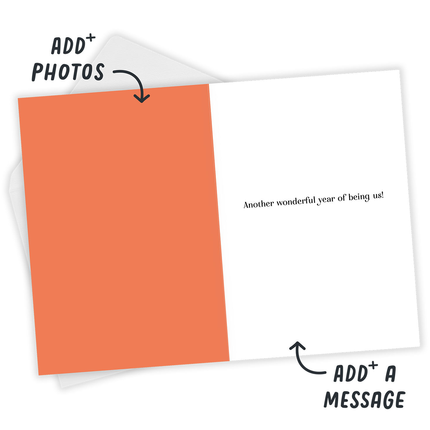 Photo Grid on Orange Personalized Anniversary Card Open Card with Envelope indicating personalization image number 4