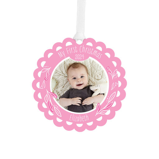 Baby’s First Christmas Pink Scalloped Personalized Text and Photo Metal Ornament, 