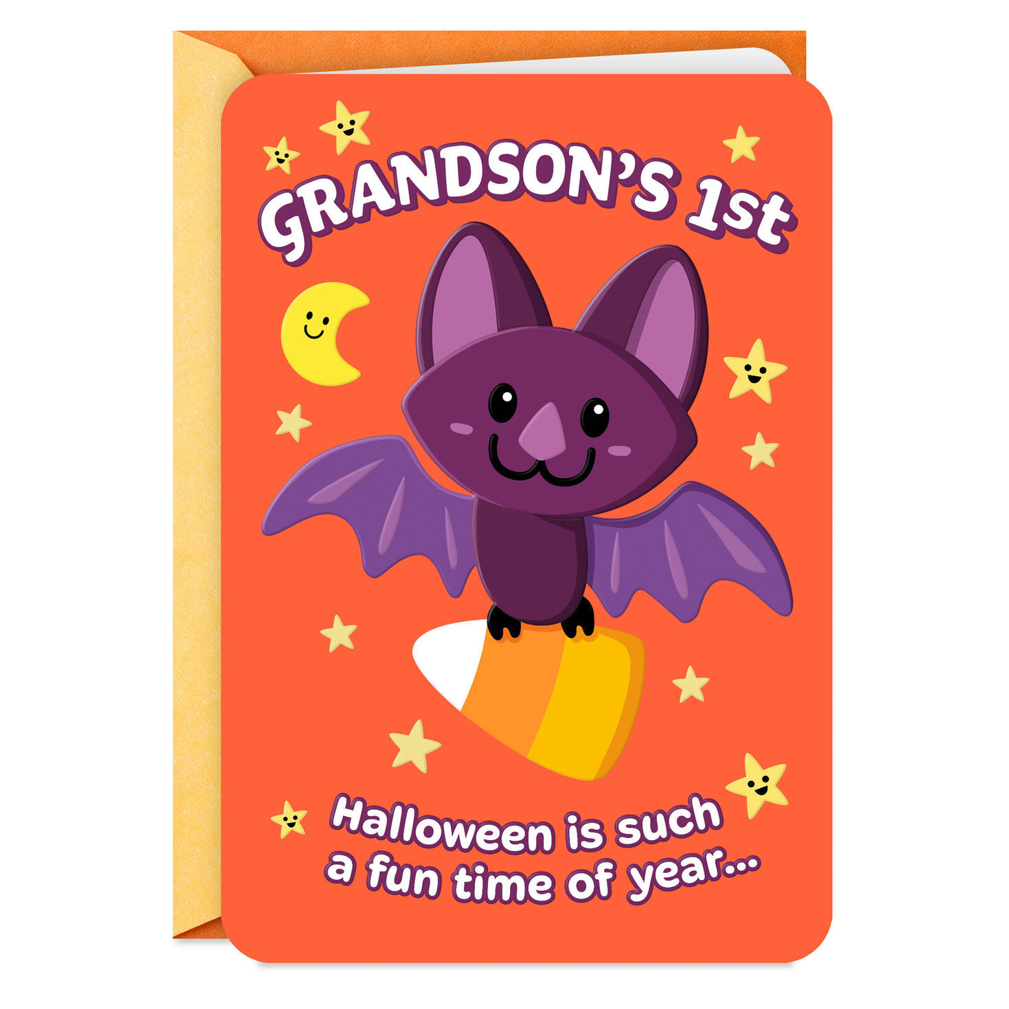 Purple Bat With Candy Corn First Halloween Card for Grandson