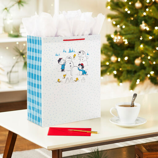15.5" Peanuts® Gang Building Snowmen Extra-Large Christmas Gift Bag, 