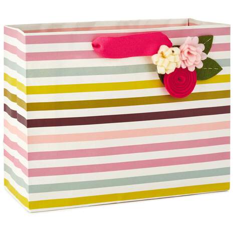 Stripes With Felt Flowers Medium Gift Bag, 7.75", , large