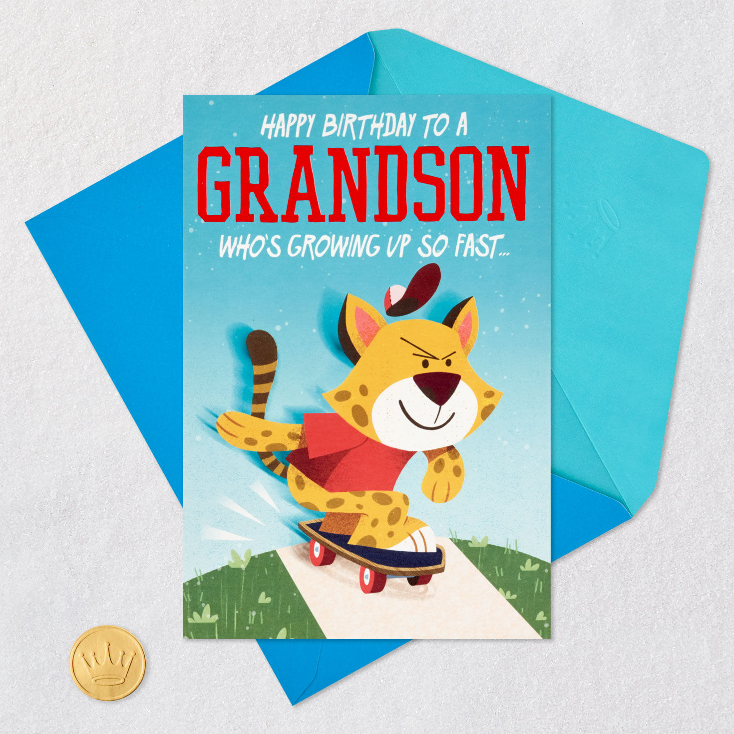 Skateboarding Cheetah Pop-Up Birthday Card for Grandson Card Front with Envelope and Gold Seal image number 5