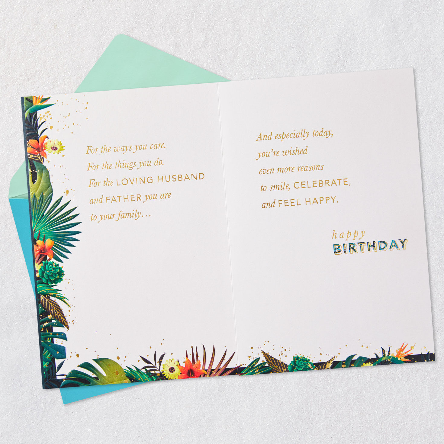 Tropical Flowers on Blue Son-in-Law Birthday Card Open card with envelope image number 4