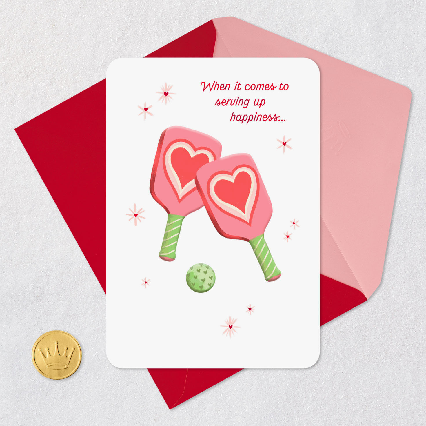 Pink and Green Pickleball Paddles Valentine's Day Card Card Front with Envelope and Gold Seal image number 6