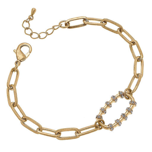 Worn Gold Rhinestone Rondelles Chain Link Bracelet, 