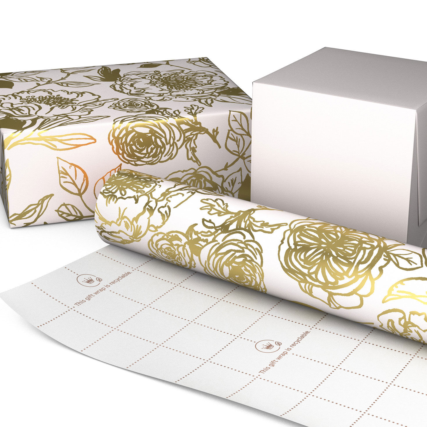 Gold Outlined Flowers on White Gift Wrap Roll Wrapped package image number 2