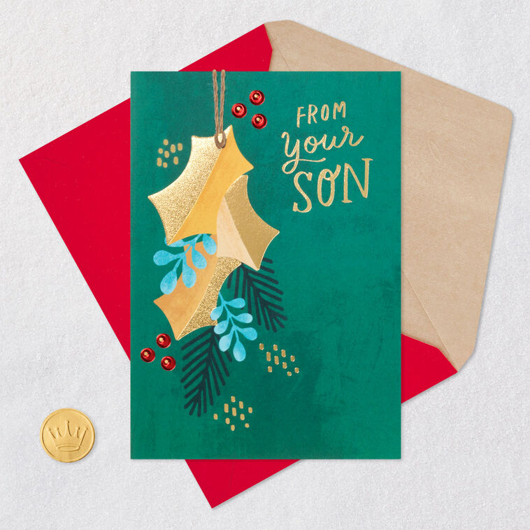 Gold Holly Leaves and Greenery Mom Christmas Card From Son Card Front with Envelope and Gold Seal image number 6