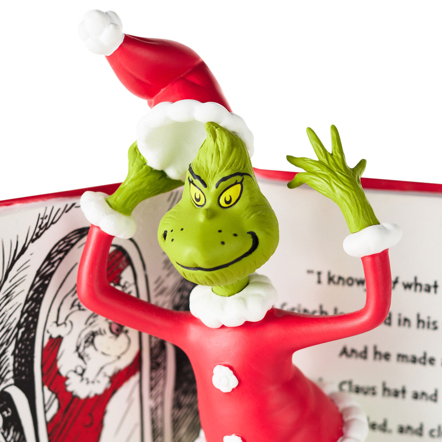 Grinch in Santa Outfit With Book Figurine upclose view image number 3