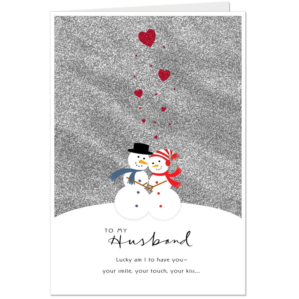 hugging snowman couple christmas card for husband greeting cards