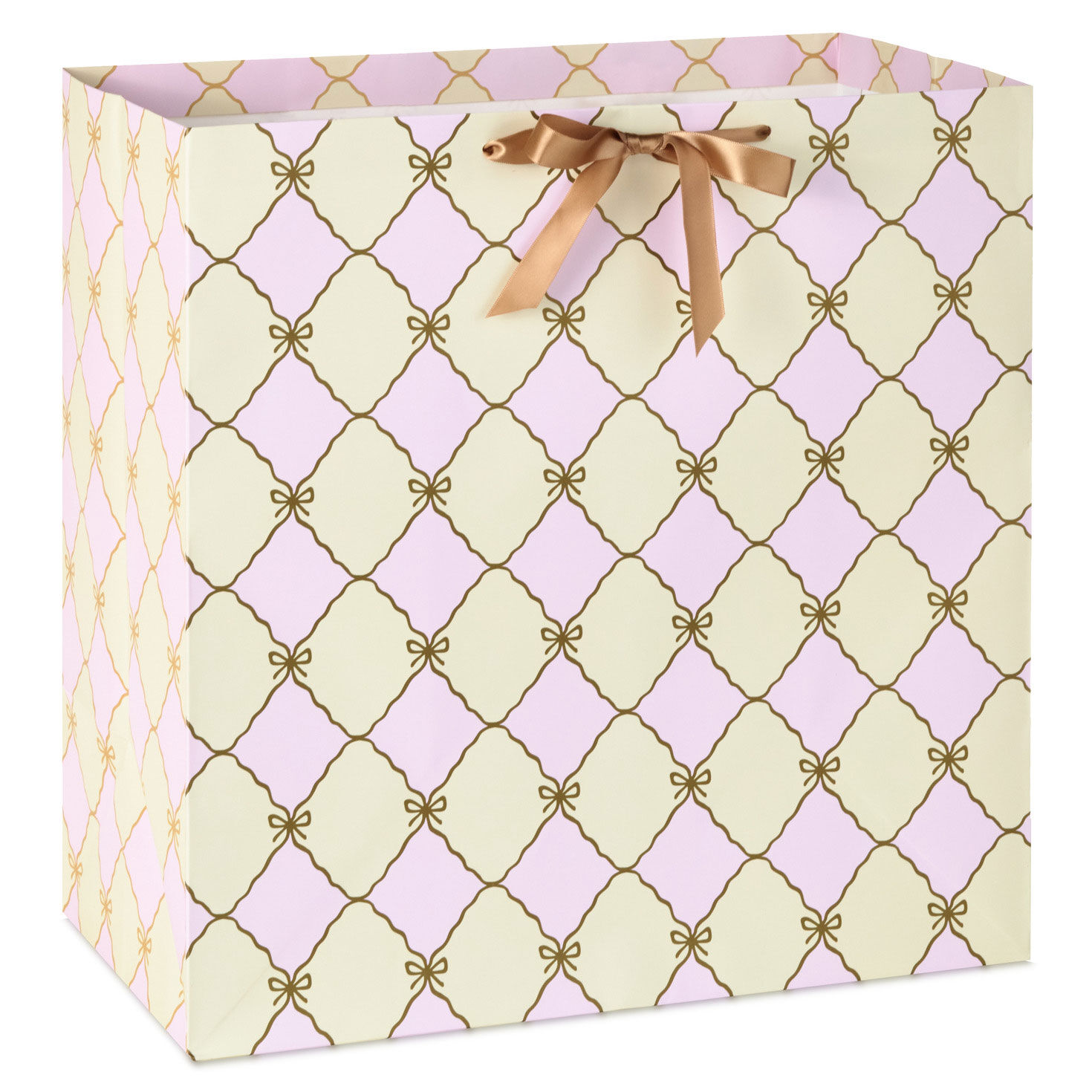 15" Gold Bow Lattice on Pink and Cream Extra-Deep Gift Bag