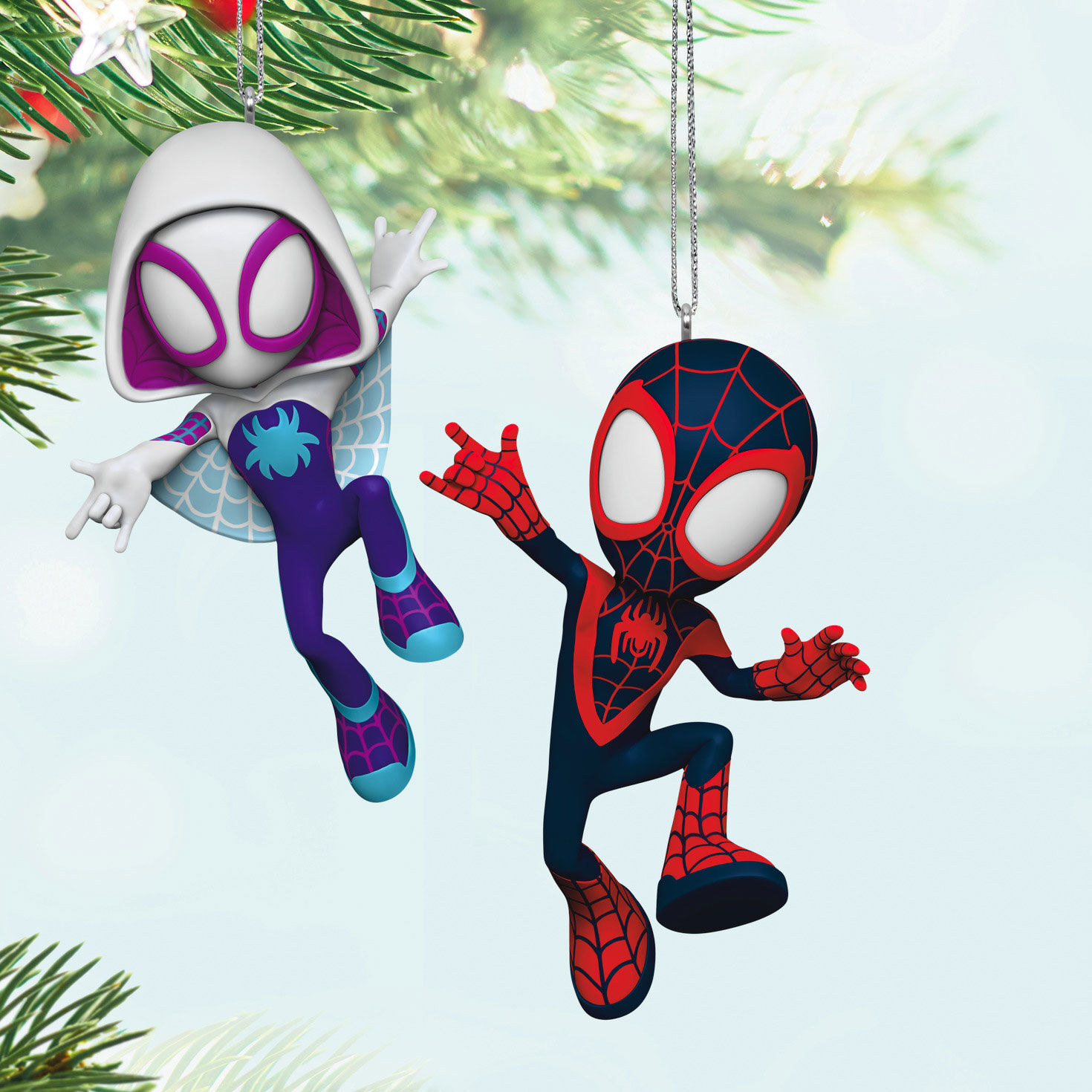 Spidey Friends Spin and Ghost-Spider Ornaments Hanging on tree image number 2