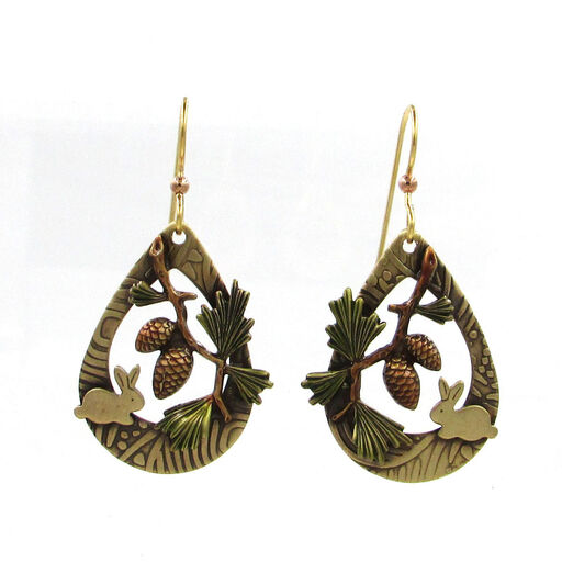 Gold-Tone Bunny and Pine Branch Layered Metal Drop Earrings, 