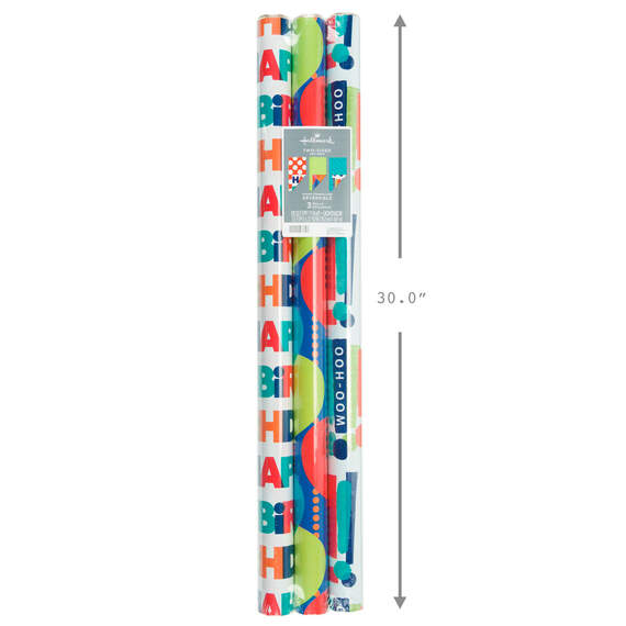 Birthday Celebration 3-Pack Reversible Wrapping Paper, , large image number 3