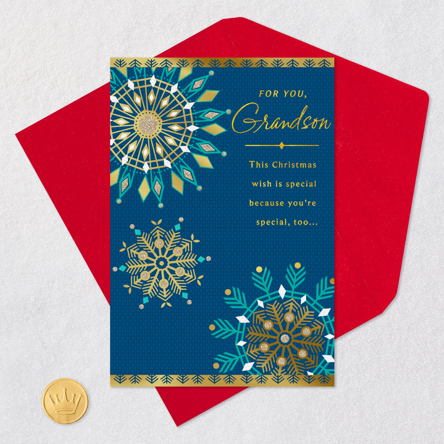 Gold and Blue Snowflakes Adult Grandson Christmas Card Card Front with Envelope and Gold Seal image number 5