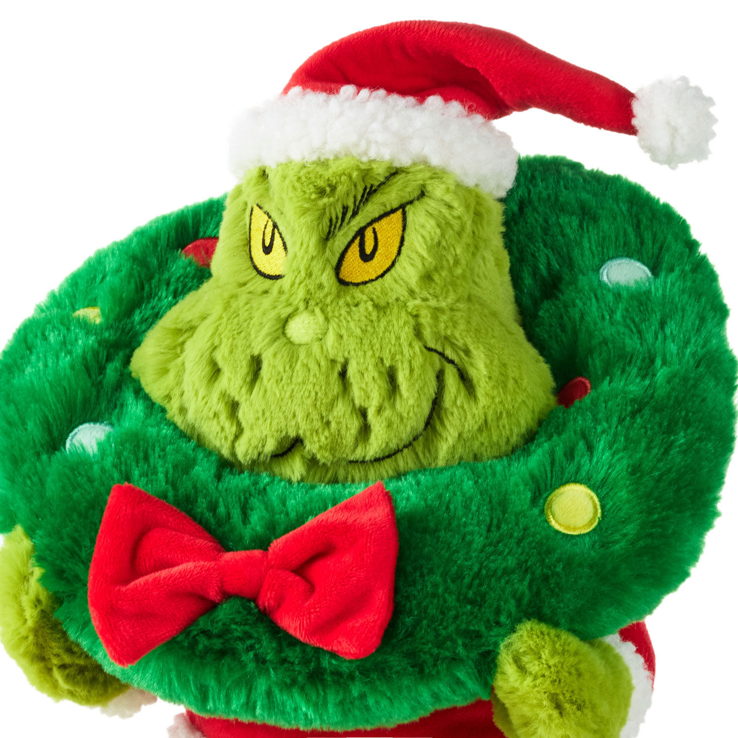 Plush Grinch Sitting in Christmas Wreath upclose detail image number 6