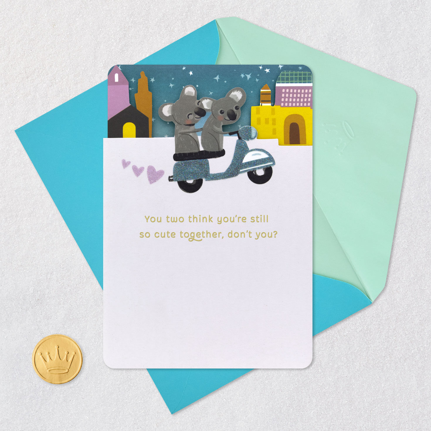 Koalas on Scooter Anniversary Card for Couple Card Front with Envelope and Gold Seal image number 5