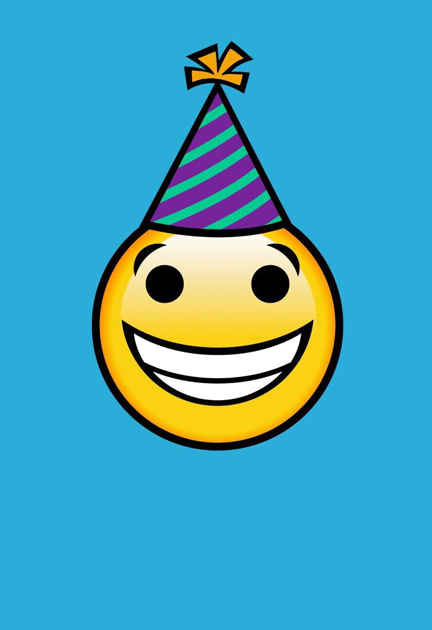 Smiley Face in Party Hat on Blue Blank Birthday Card
