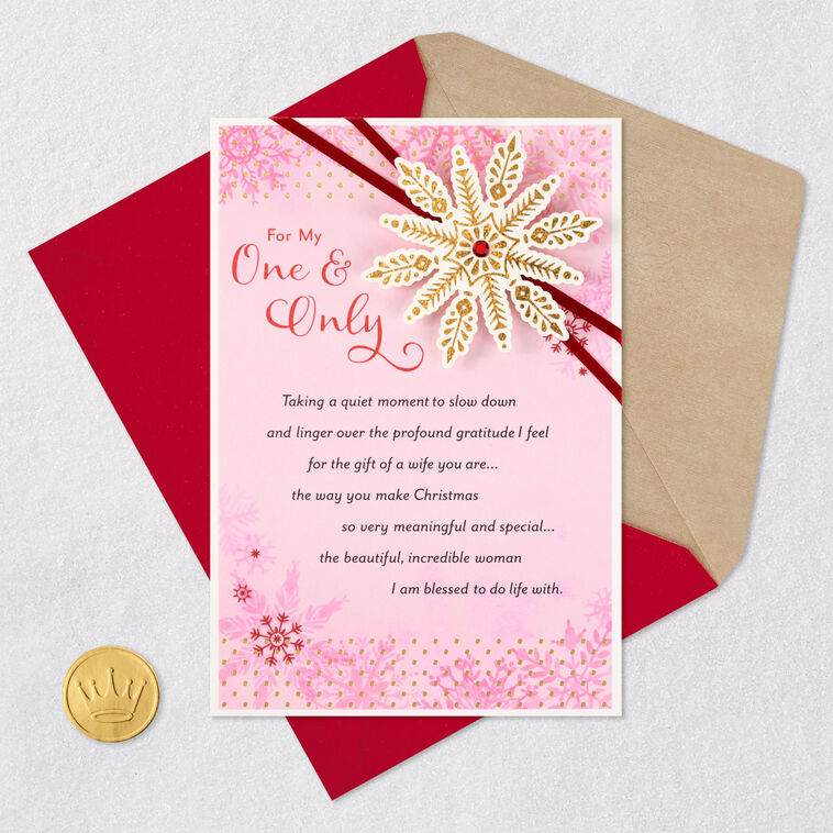 Snowflake on Pink Christmas Card for Wife Card Front with Envelope and Gold Seal image number 7