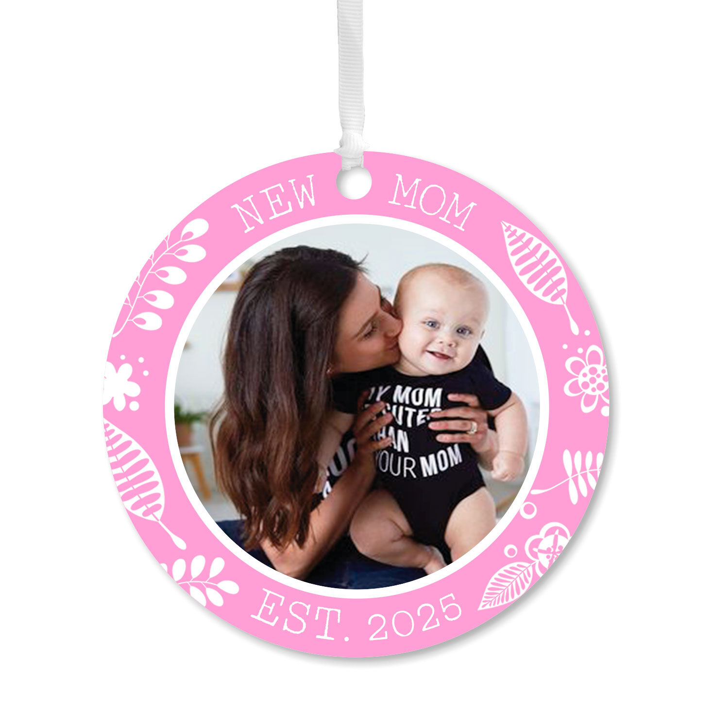 New Mom Round Metal Personalized Ornament, Custom Photo and Text