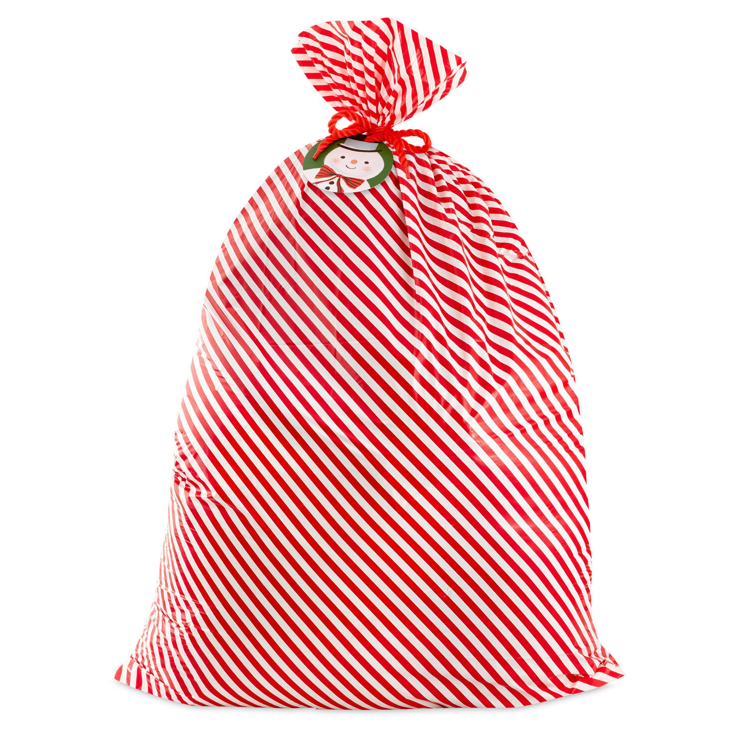 56" Red and White Striped Giant Plastic Christmas Gift Bag With Snowman Tag and Tie