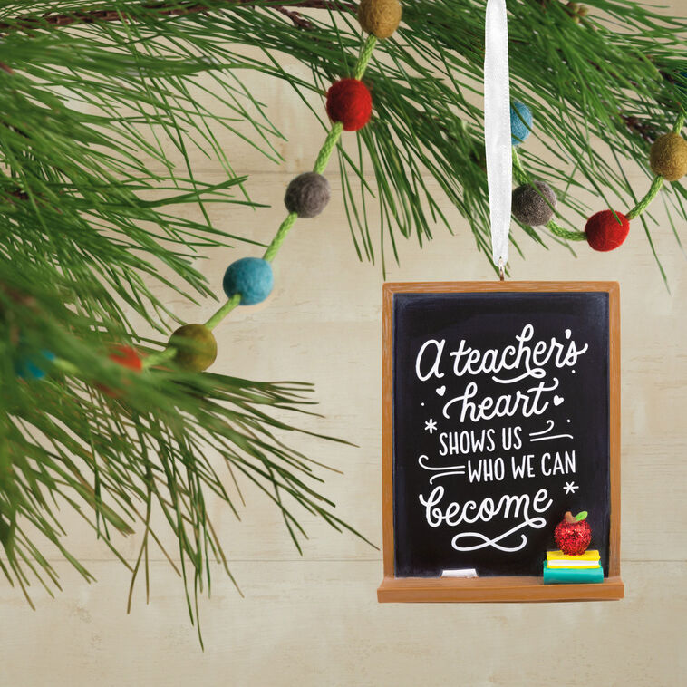 A Teacher's Heart Blackboard Christmas Ornament hanging on tree image number 2