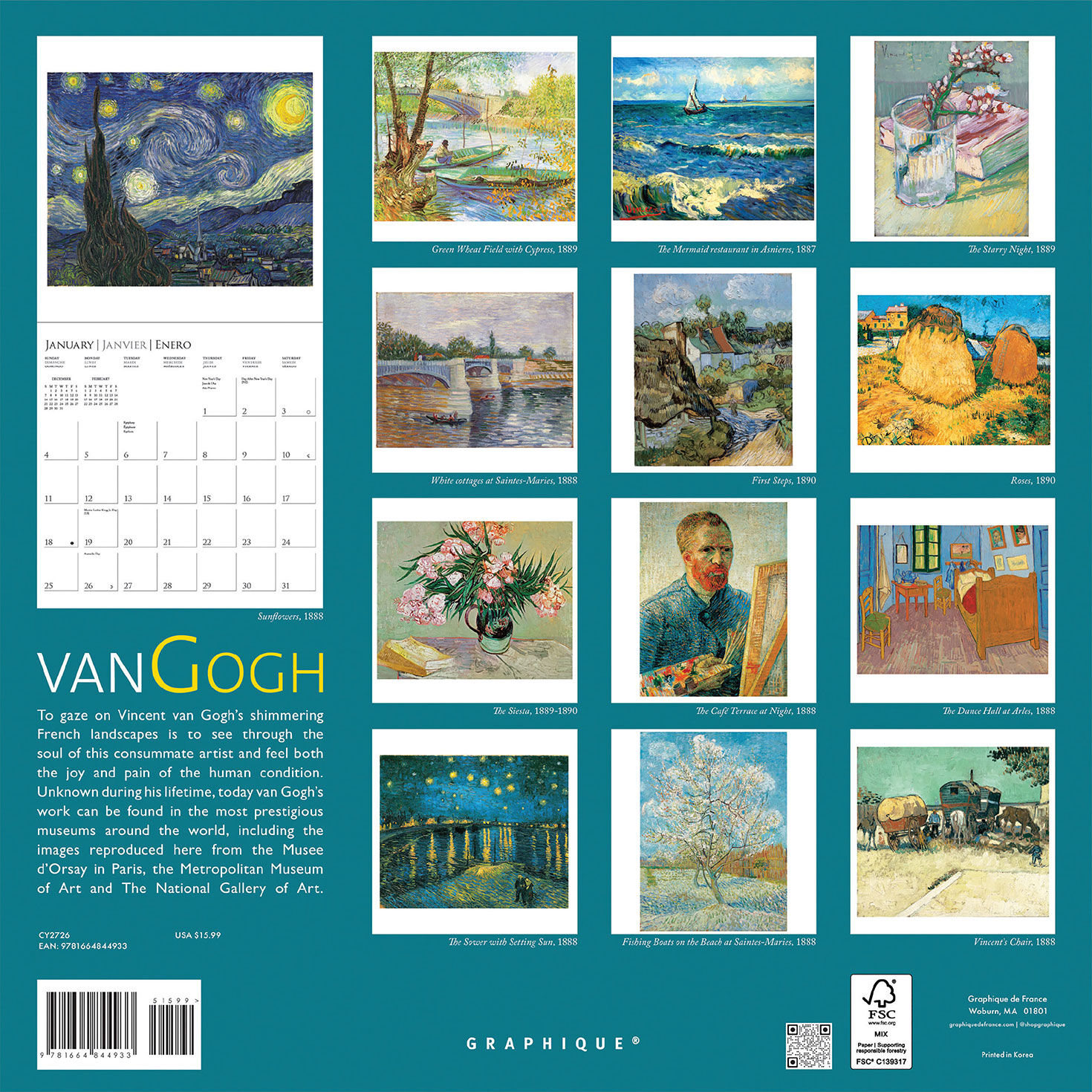 Van Gogh Artwork 2026 Monthly Wall Calendar back image number 2