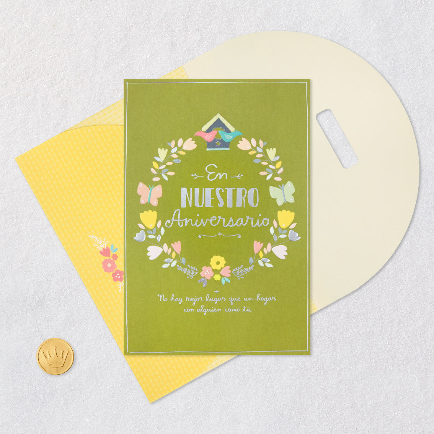 Flower Birds Wreath Anniversary Card in Spanish Card Front with Envelope and Gold Seal image number 5