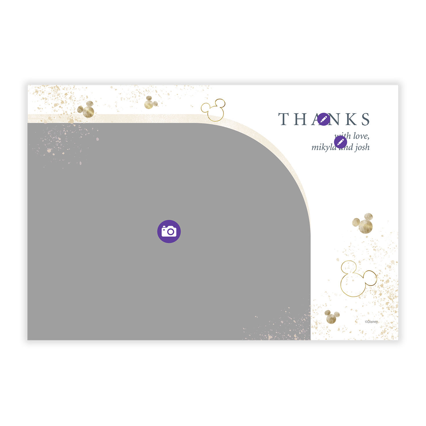 Gold Mickey Ears Personalized Wedding Thank You Card Front indicating personalization image number 5