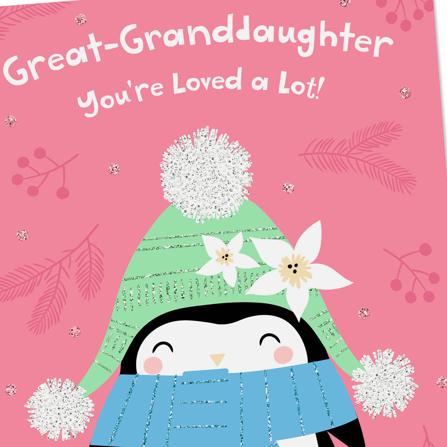 Penguin on Pink Christmas Card for Great-Granddaughter Card Front Detail image number 4
