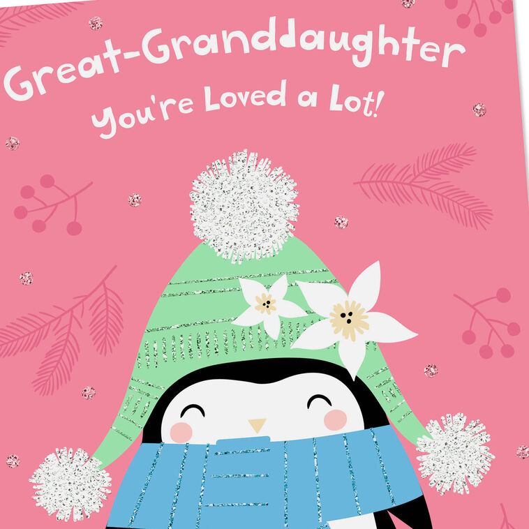Penguin on Pink Christmas Card for Great-Granddaughter Card Front Detail image number 4