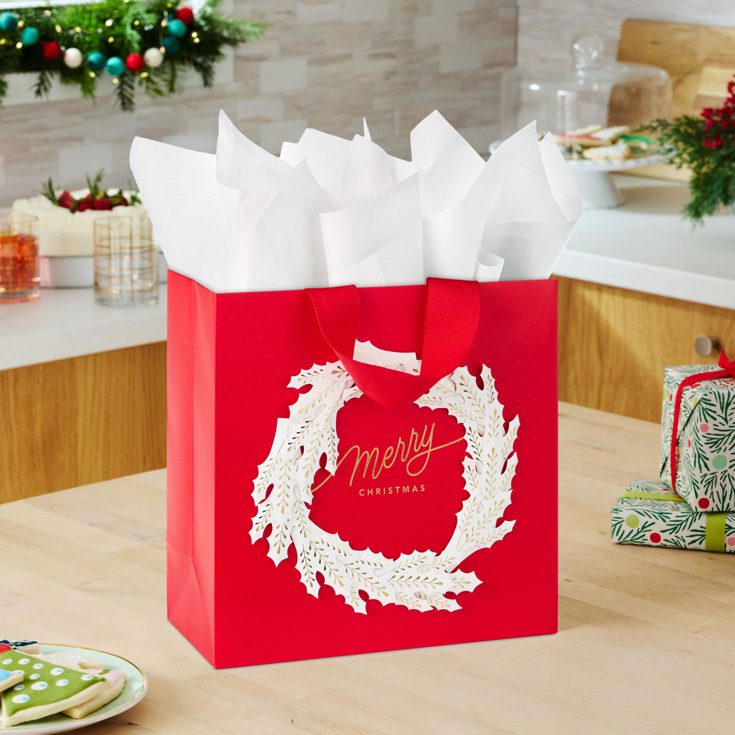 White and Gold Wreath on Red Christmas Gift Bag in use image number 2
