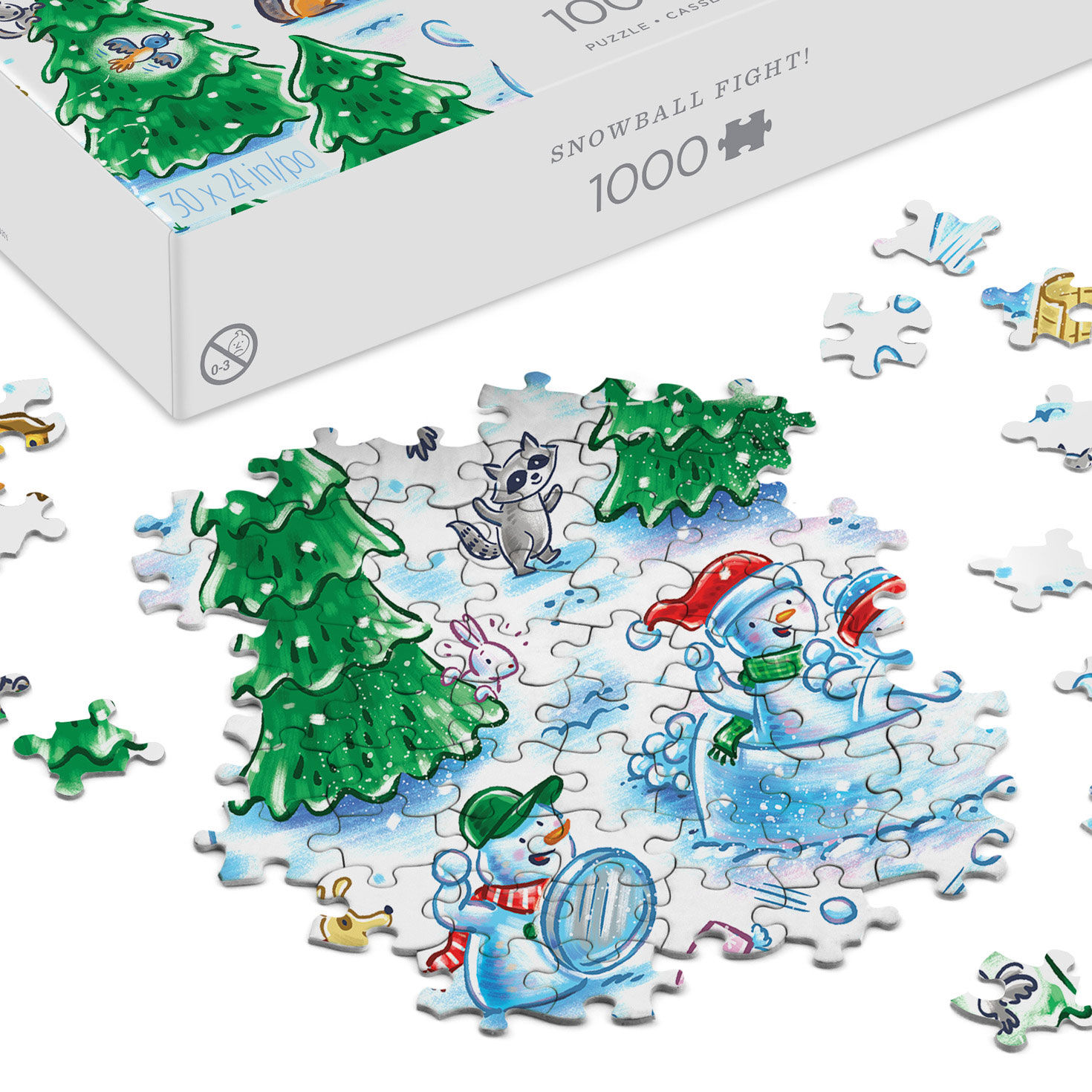 Illustrated Snowmen Snowball Fight Jigsaw Puzzle upclose detail image number 3