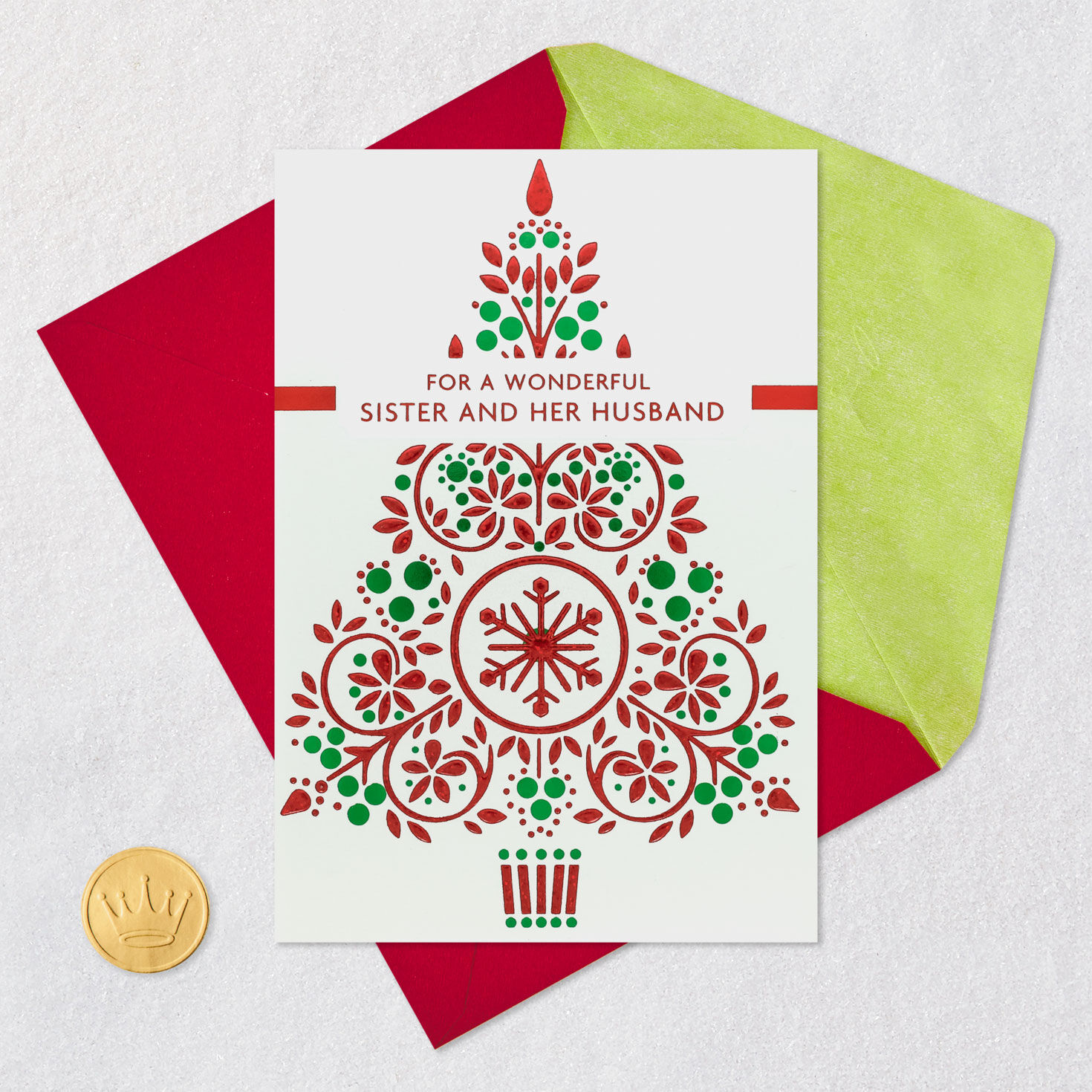 Green Red Ornamental Tree Christmas Card for Sister Card Front with Envelope and Gold Seal image number 6