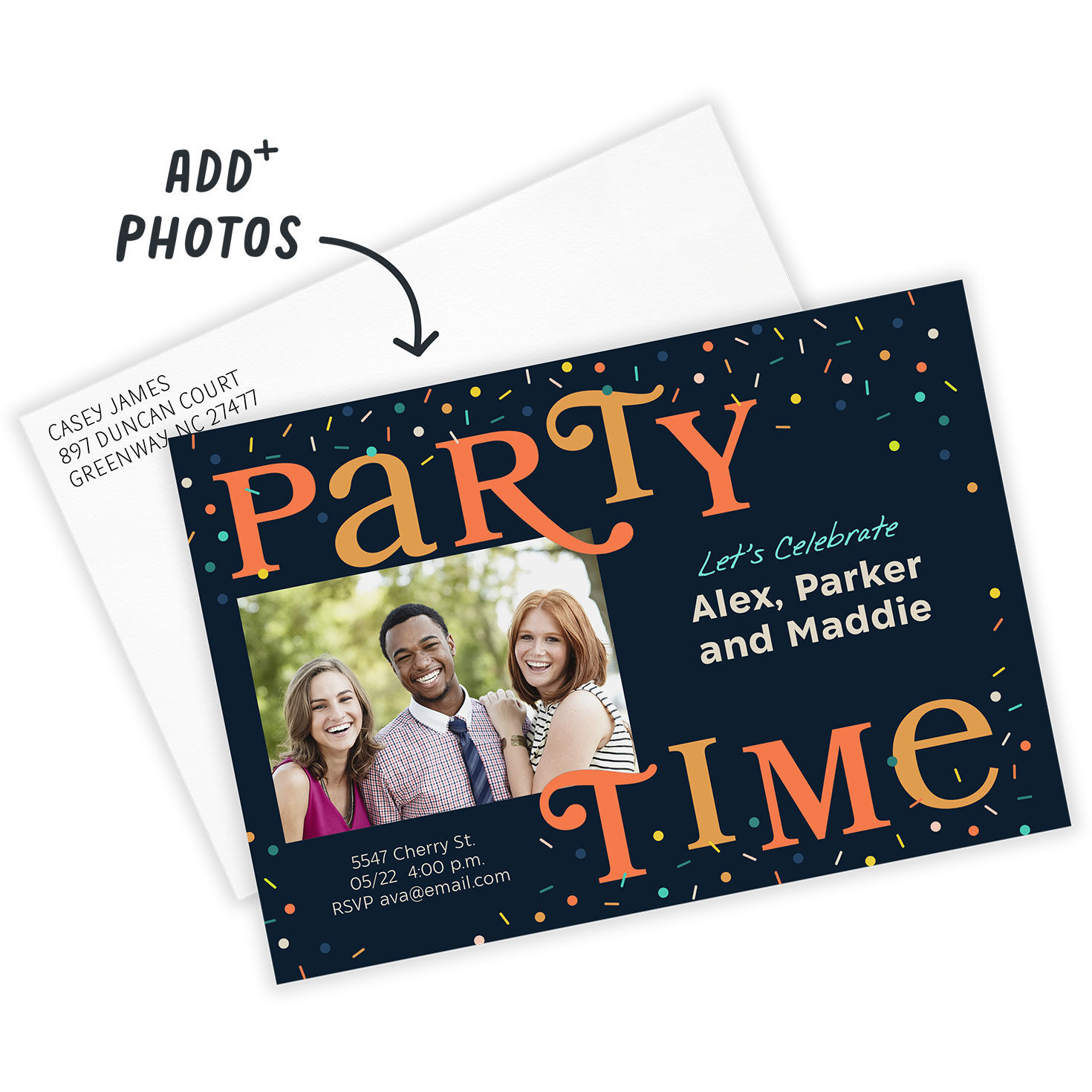 Confetti Orange Letters Grad Party Invitation Card Front indicating personalization image number 2