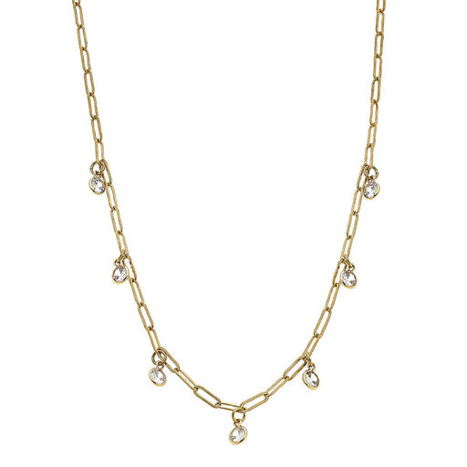 Worn Gold Paperclip Chain Rhinestones Necklace, 18", 