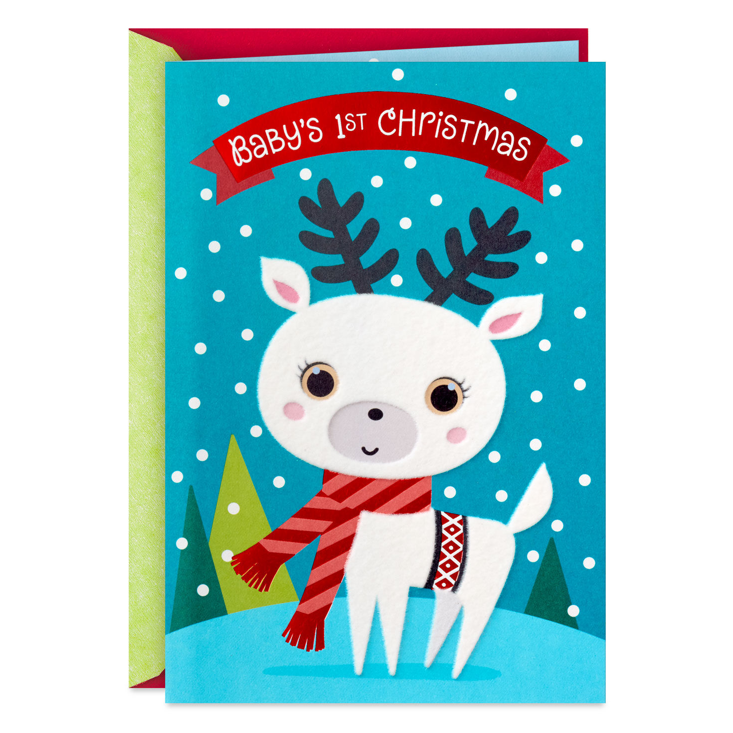 Cute White Deer in Scarf Baby's First Christmas Card