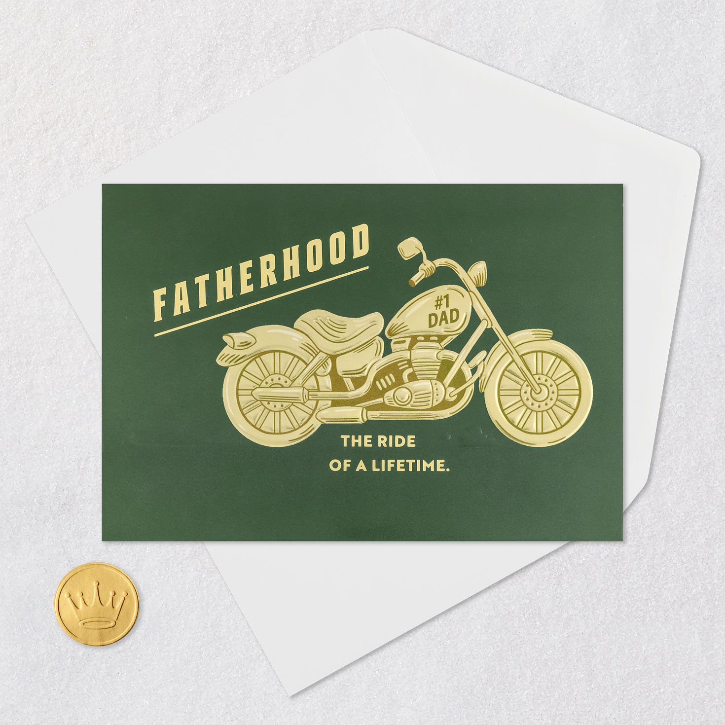 Gold Motorcycle on Green Father's Day Card Card Front with Envelope and Gold Seal image number 5