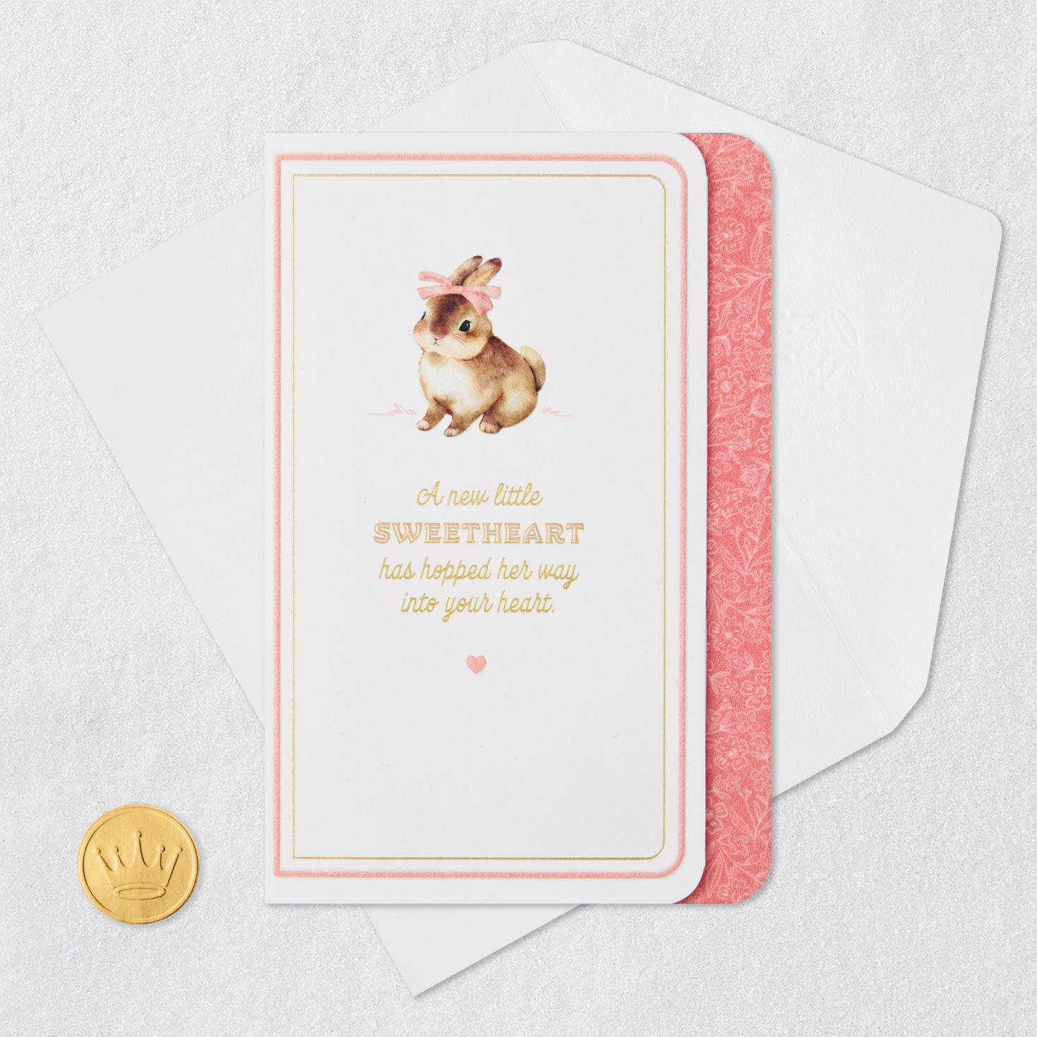 Vintage Bunny New Baby Girl Congrats Card Card Front with Envelope and Gold Seal image number 5