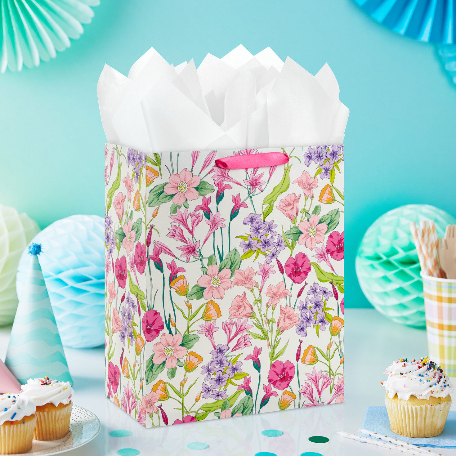 Pink Flowers on White Large Gift Bag in use image number 2
