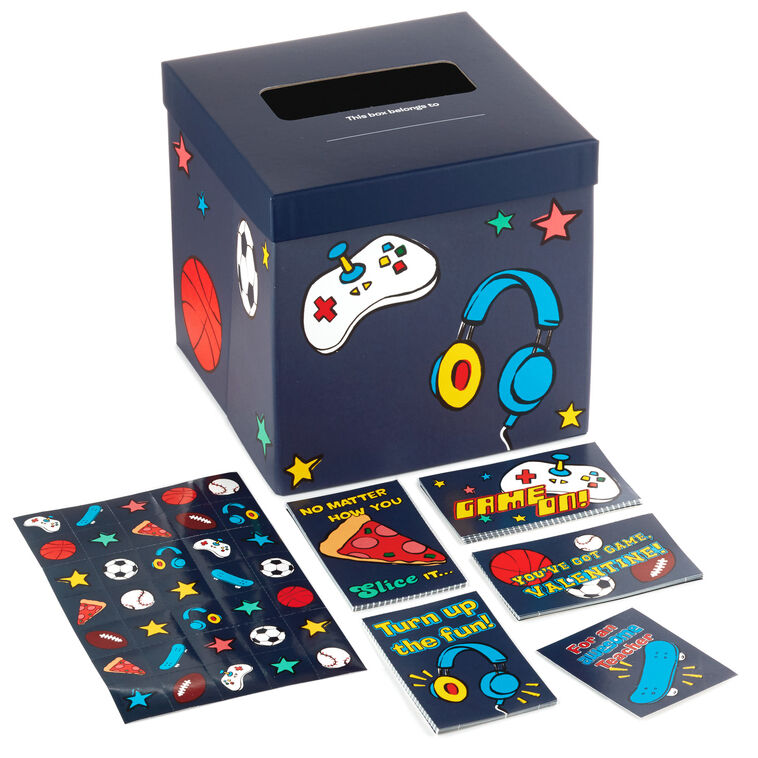 Games and Sports Kids With Cards, Stickers and Mailbox Classroom Valentines Set