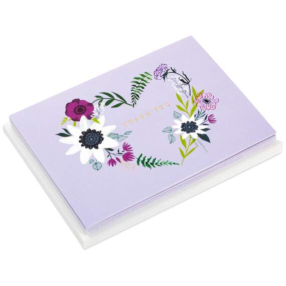 Floral Heart Wreath on Lavender Blank Thank You Notes, Pack of 10
