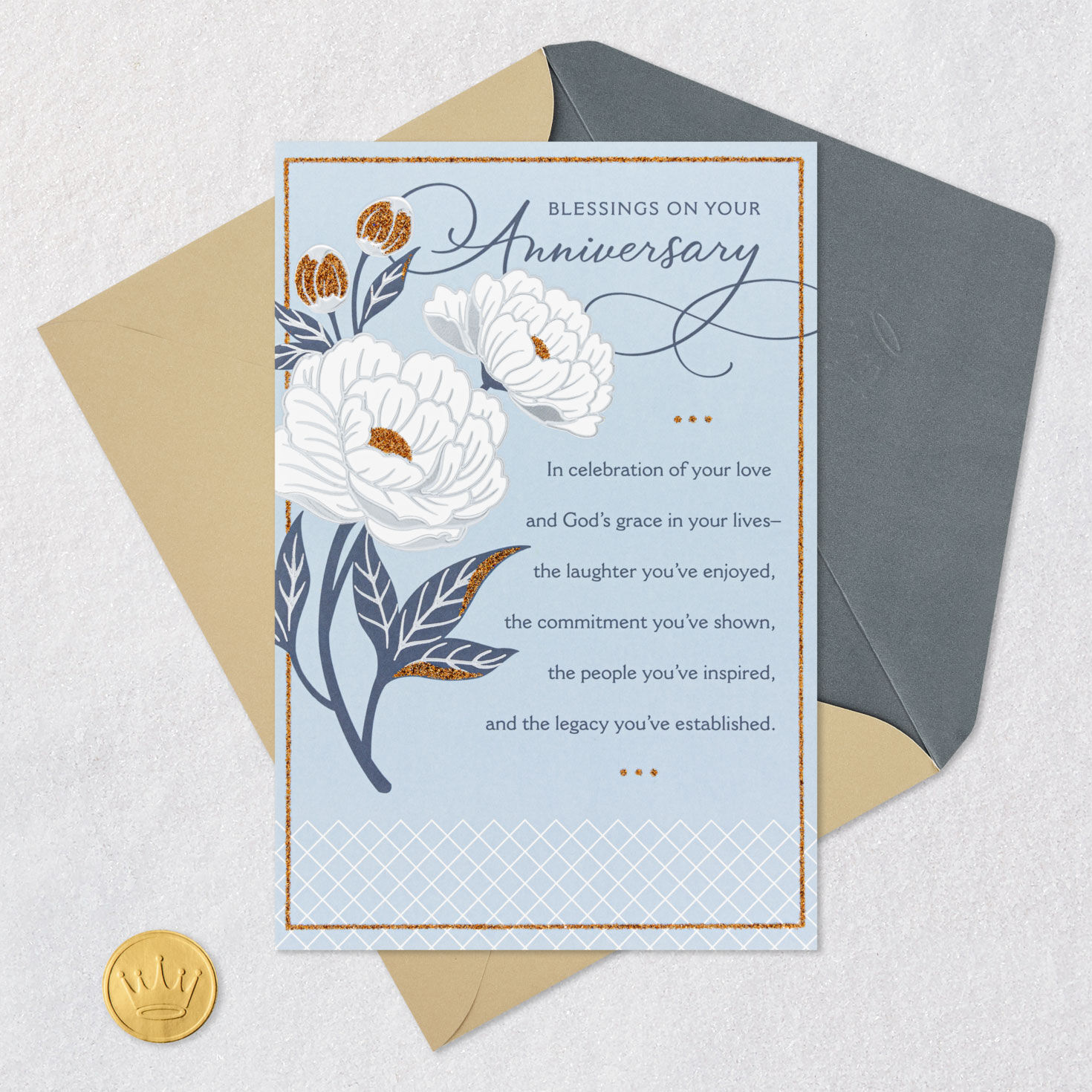 White and Gold Flowers on Dusty Blue Anniversary Card Card with envelope and Seal image number 6