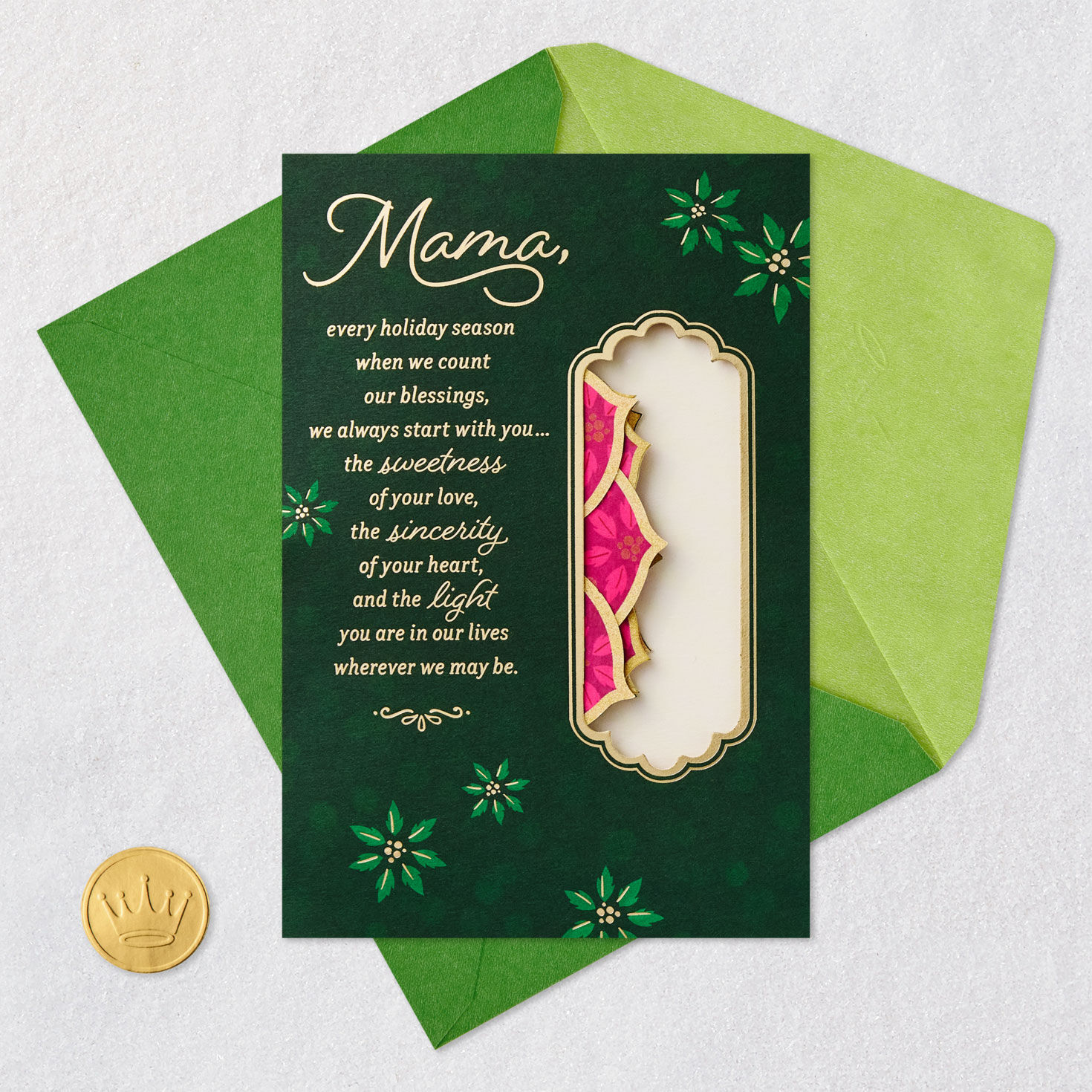 Green and Gold With Pink Pop-Up Poinsettia Christmas Card Card Front with Envelope and Gold Seal image number 6
