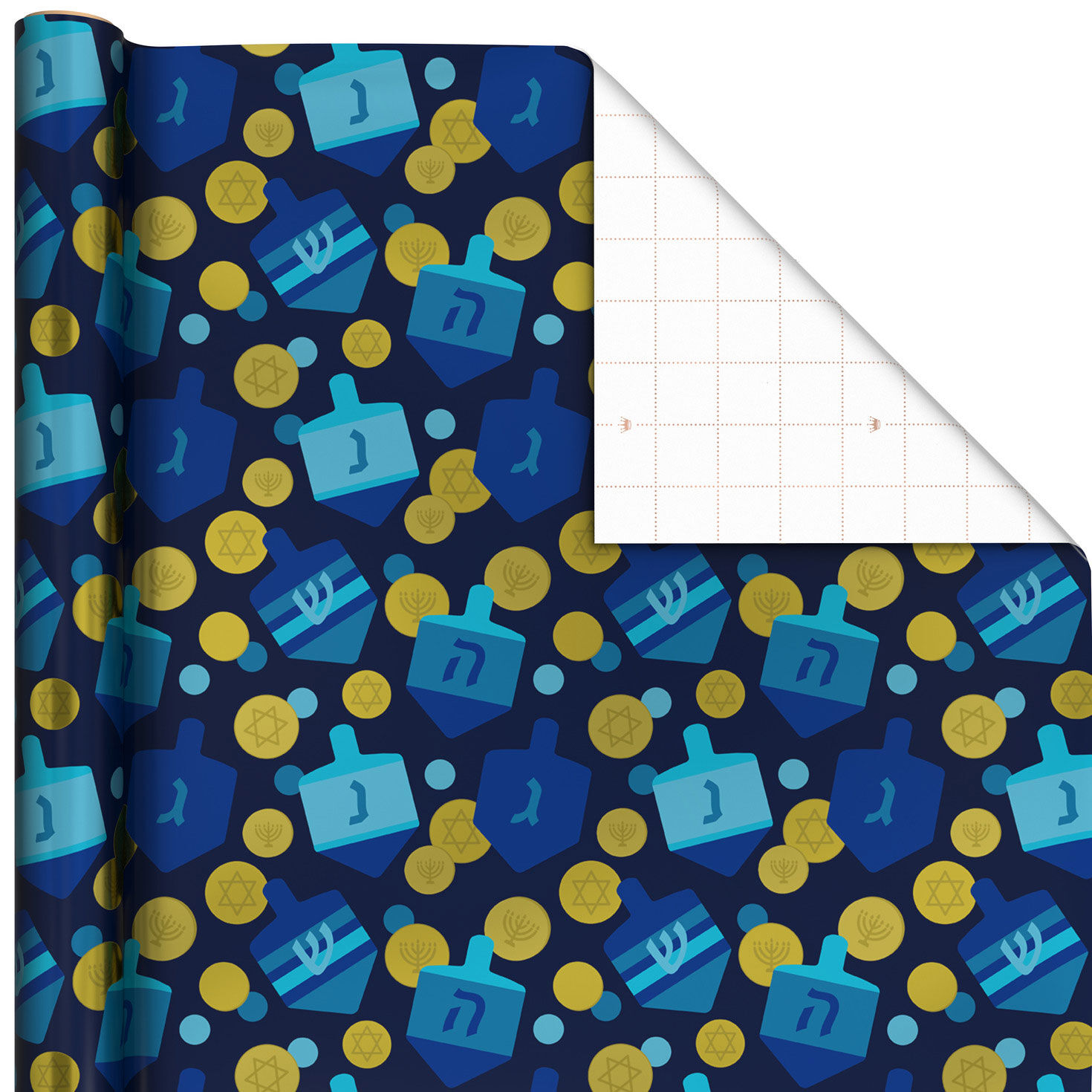 Dreidels and Gelt on Metallic Navy Hanukkah Wrapping Paper Roll, 22.5 sq. ft.