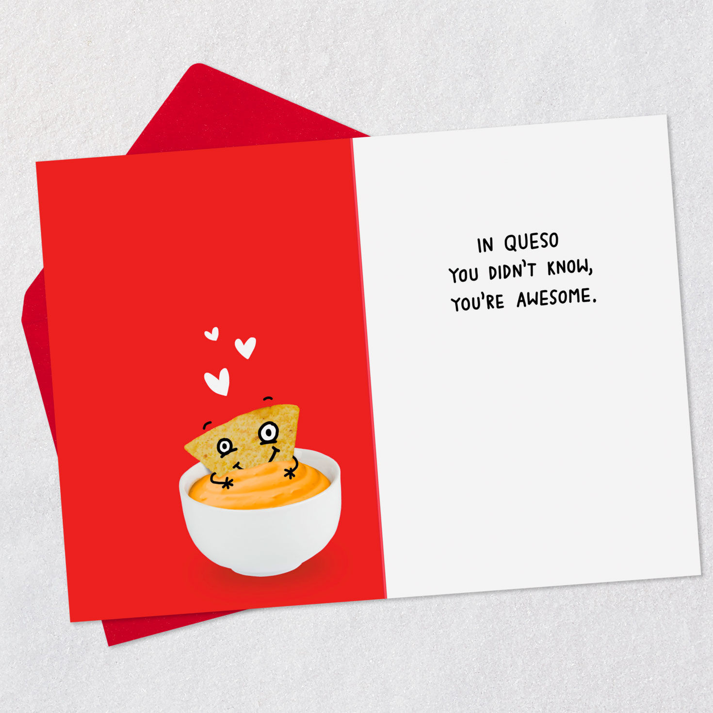 Nacho Chip on Red Funny Valentine's Day Card Open card with envelope image number 3