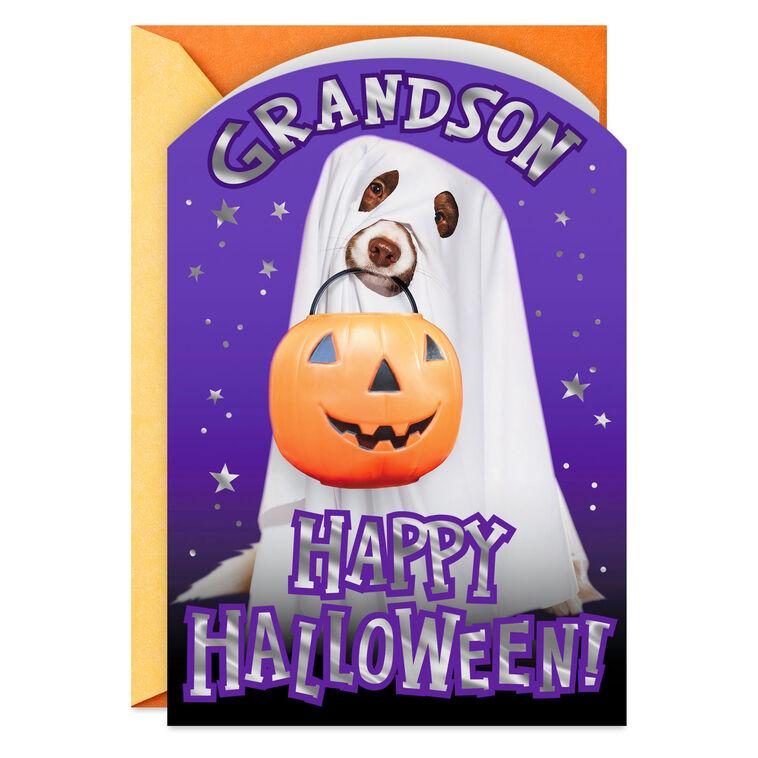 Dog in Ghost Costume Halloween Card for Grandson