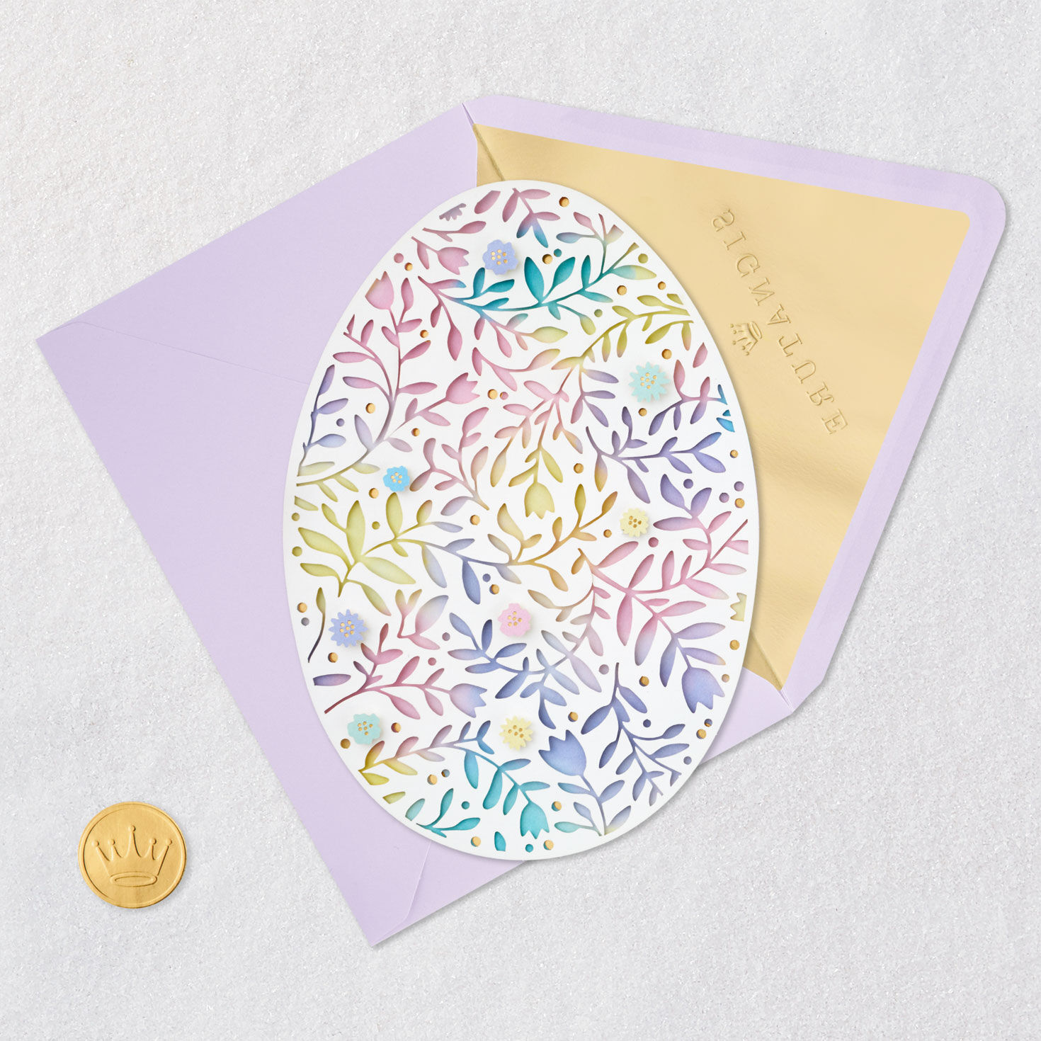 Die-cut Rainbow Floral Egg Easter Card Card Front with Envelope and Gold Seal image number 5