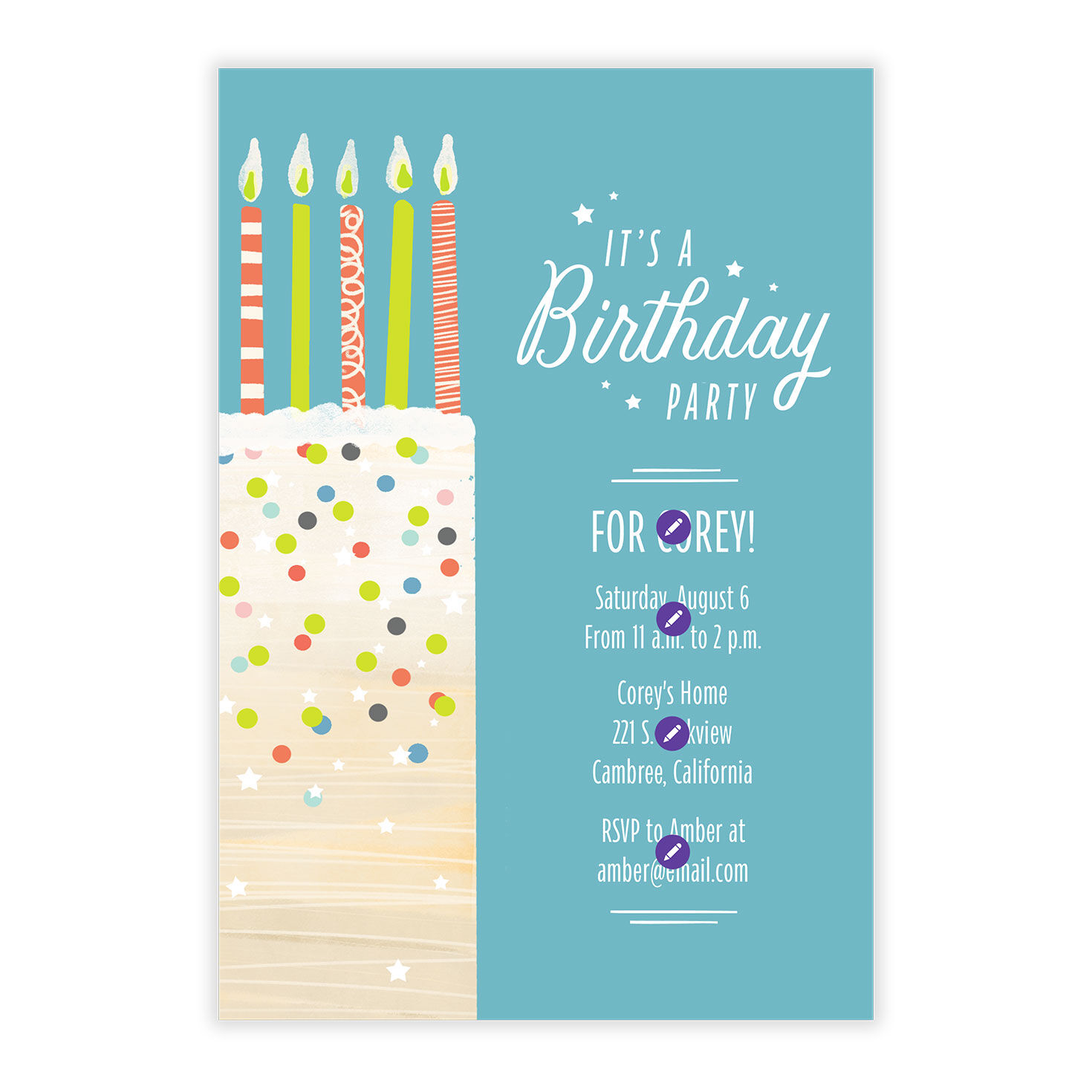 Confetti Cake With Candles Personalized Party Invite Card Front indicating personalization image number 5
