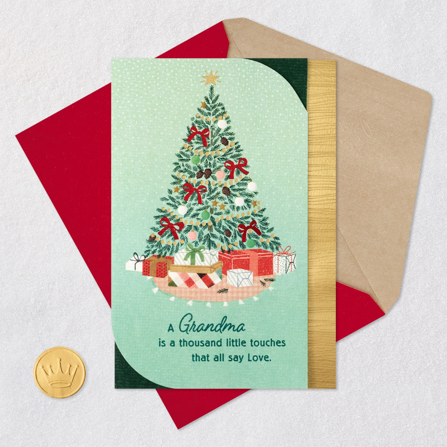 Elegant Tree on Green Christmas Card for Grandma Card Front with Envelope and Gold Seal image number 7
